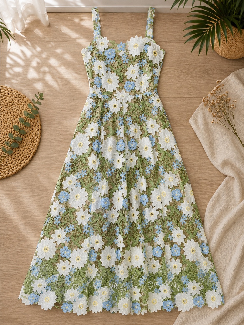 Floral Lace A-Line Maxi Dress in White & Green